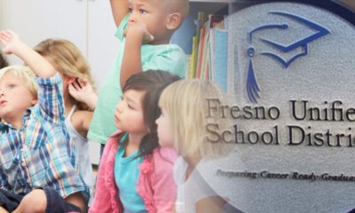 Photo of Fresno Unified logo and young students