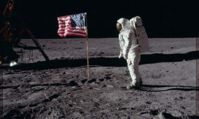Photo of Buzz Aldrin with American flag on the moon, 1969