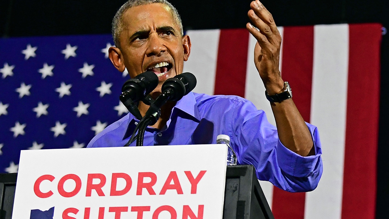 Photo of former President Barack Obama speaking at a campaign in Ohio