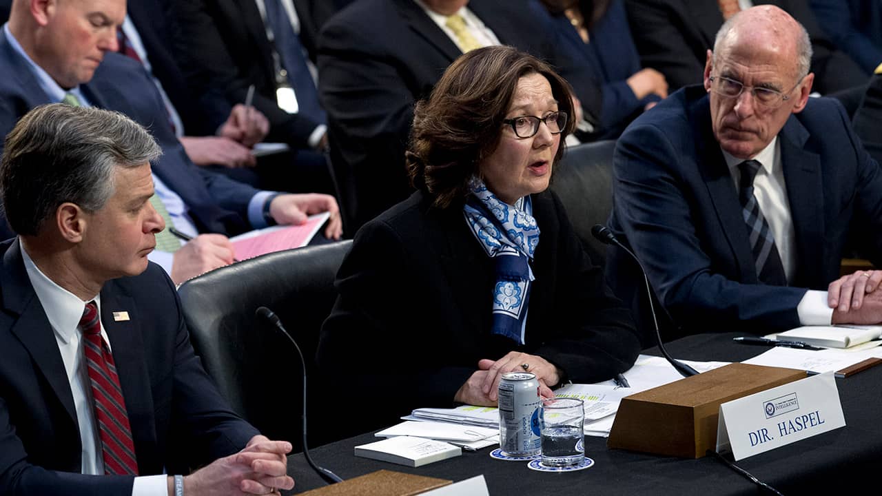 Photo of Gina Haspel accompanied by FBI Director Christopher Wray and Director of National Intelligence Daniel Coats