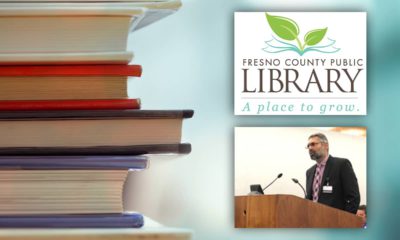 Composite of new Fresno County Librarian Raman Bath, books and the library logo