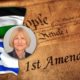 Collage of the First Amendment, Palestinian and Israeli flags, and a portrait of Alison Weir