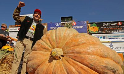 Photo of Leonardo Urena reacting after learning what his pumpkin weighs