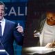 Composite images of Gavin Newsom and a PG&E customer using a flashlight during a power outtage