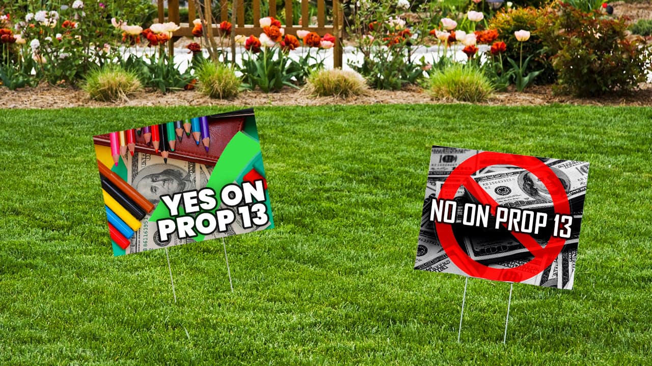 Photo illustration of generic Proposition 13 signs on a lawn