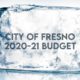 Image of the words City of Fresno 2020-21 Budget embedded in a block of ice