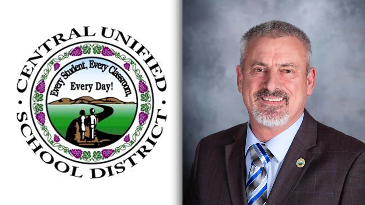 Side by side images of the Central Unified School District logo and trustee Richard Atkins