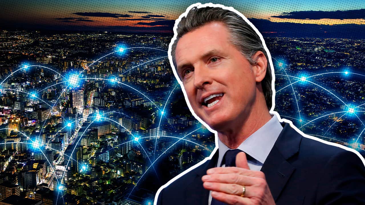 Image of Gov. Gavin Newsom backed by the concept of telecommuting