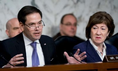 Photo of Sen. Marco Rubio, R-Fla., left, accompanied by Sen. Susan Collins, R-Maine, right